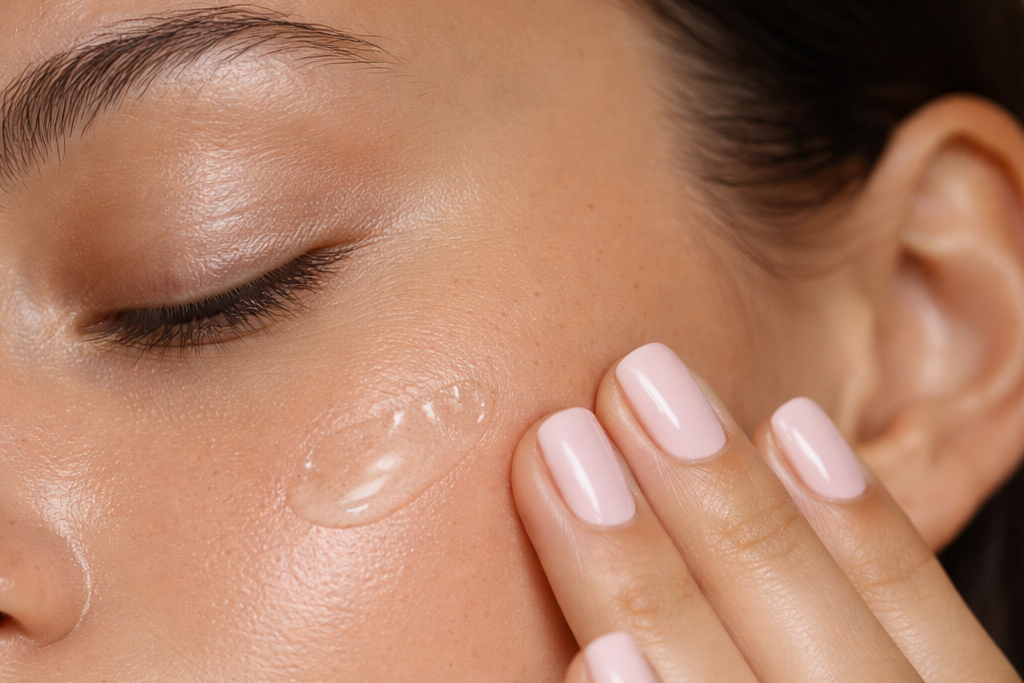 Close-up of a woman applying skincare product to her face